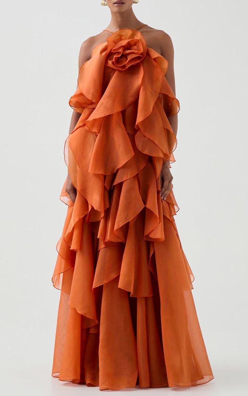 3D Flower Halter Neck Frill Maxi Dress