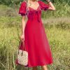 Puff Sleeve Bow Knot Midi Dress Red