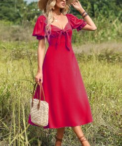 Puff Sleeve Bow Knot Midi Dress Red