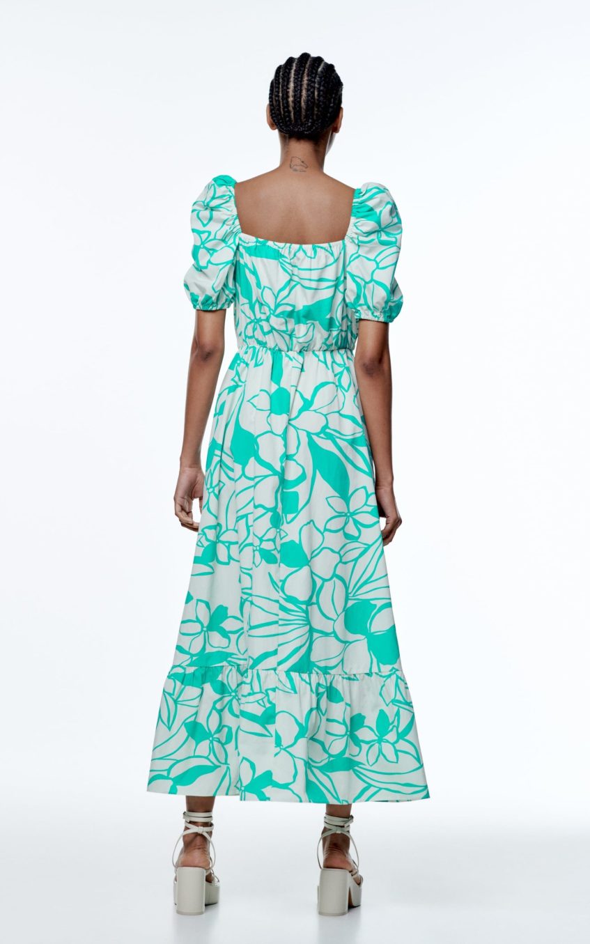 Print Puff Sleeve V-neck Large Hemline Maxi Dress Green