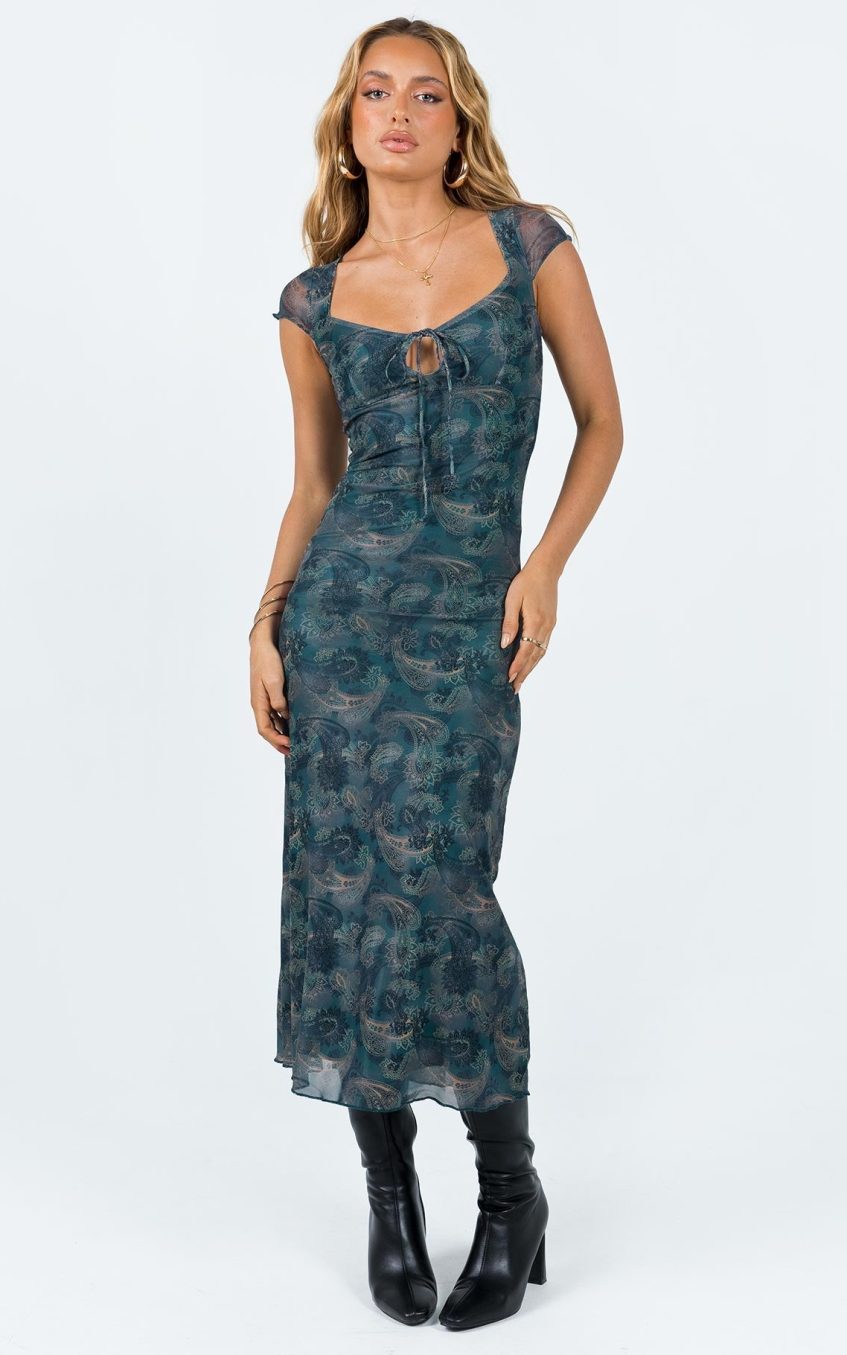 Square Collar Lace Up Slim Midi Dress