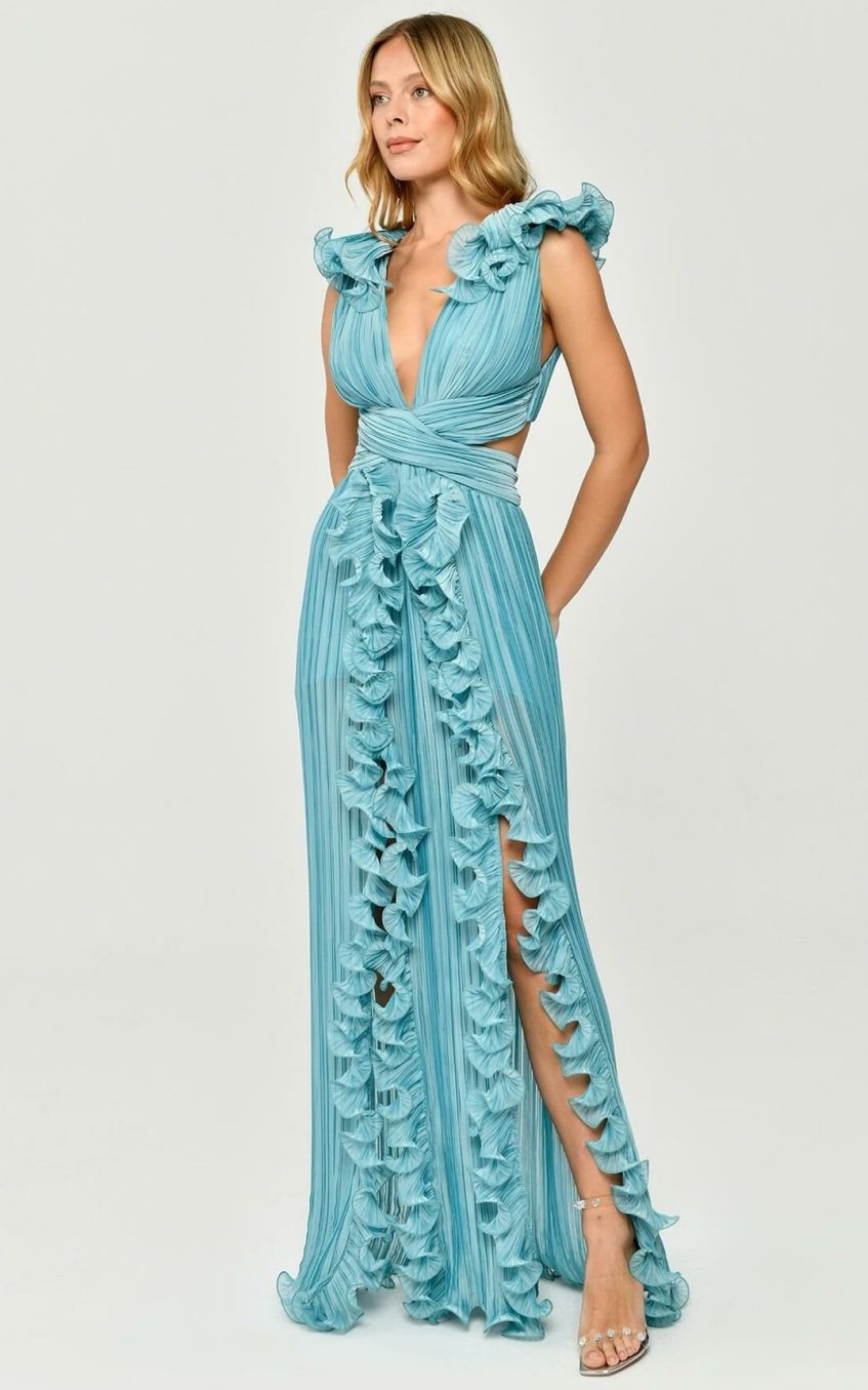 V-Neck Cutout Pleated Split Maxi Dress Green