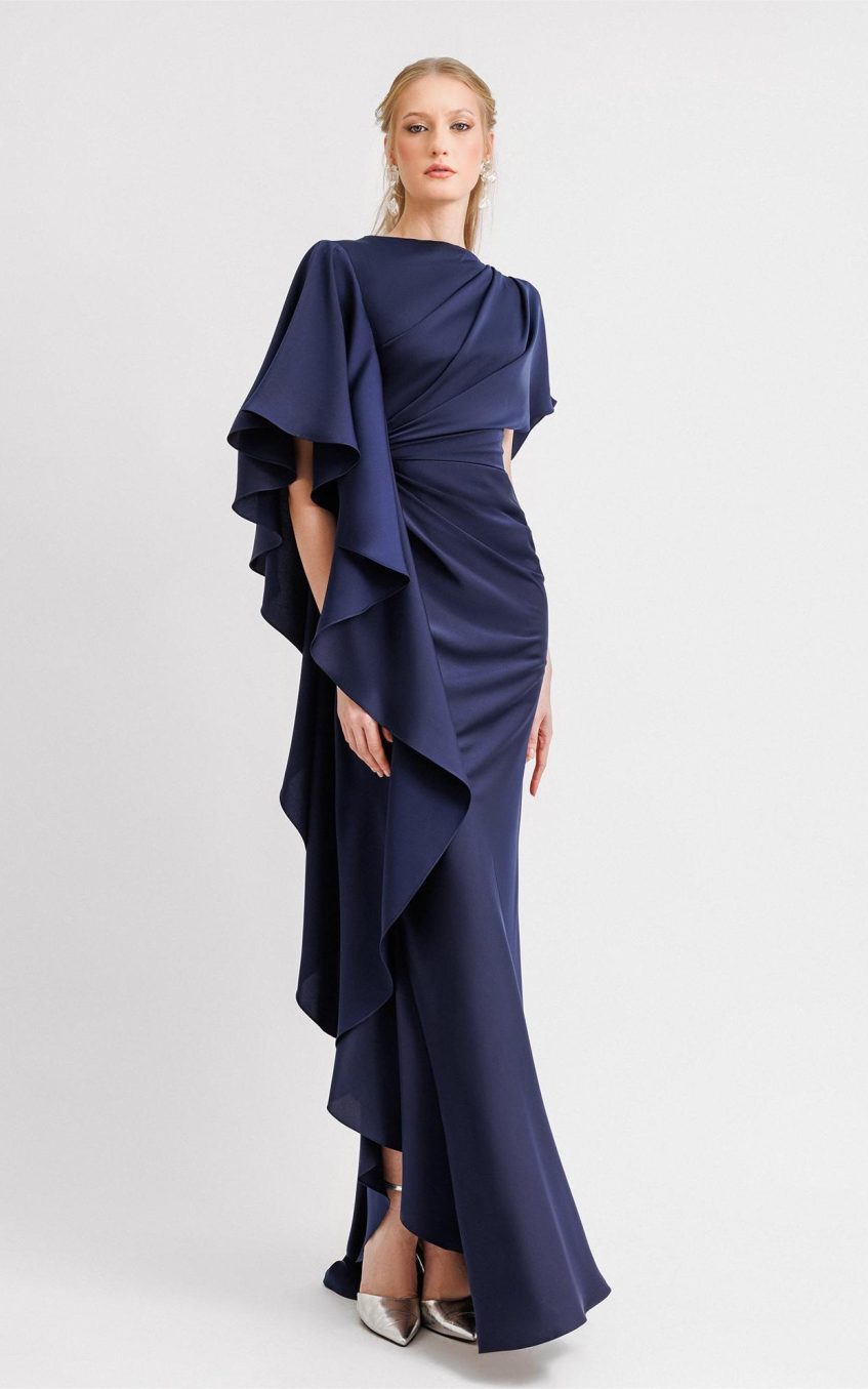 Satin Gathering Ruffle Maxi Dress