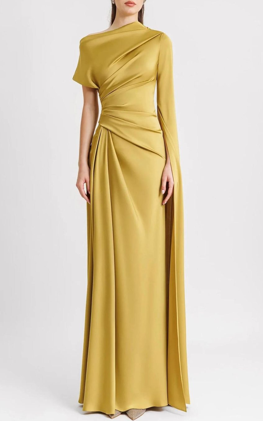 Satin Asymmetrical Neckline Draped Maxi Dress