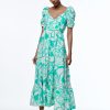 Print Puff Sleeve V-neck Large Hemline Maxi Dress Green