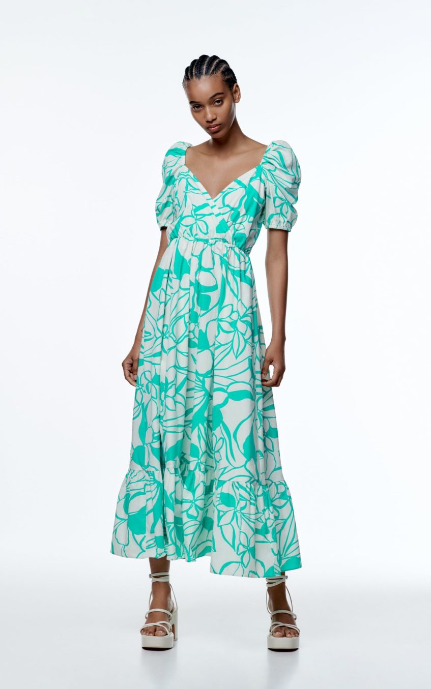 Print Puff Sleeve V-neck Large Hemline Maxi Dress Green