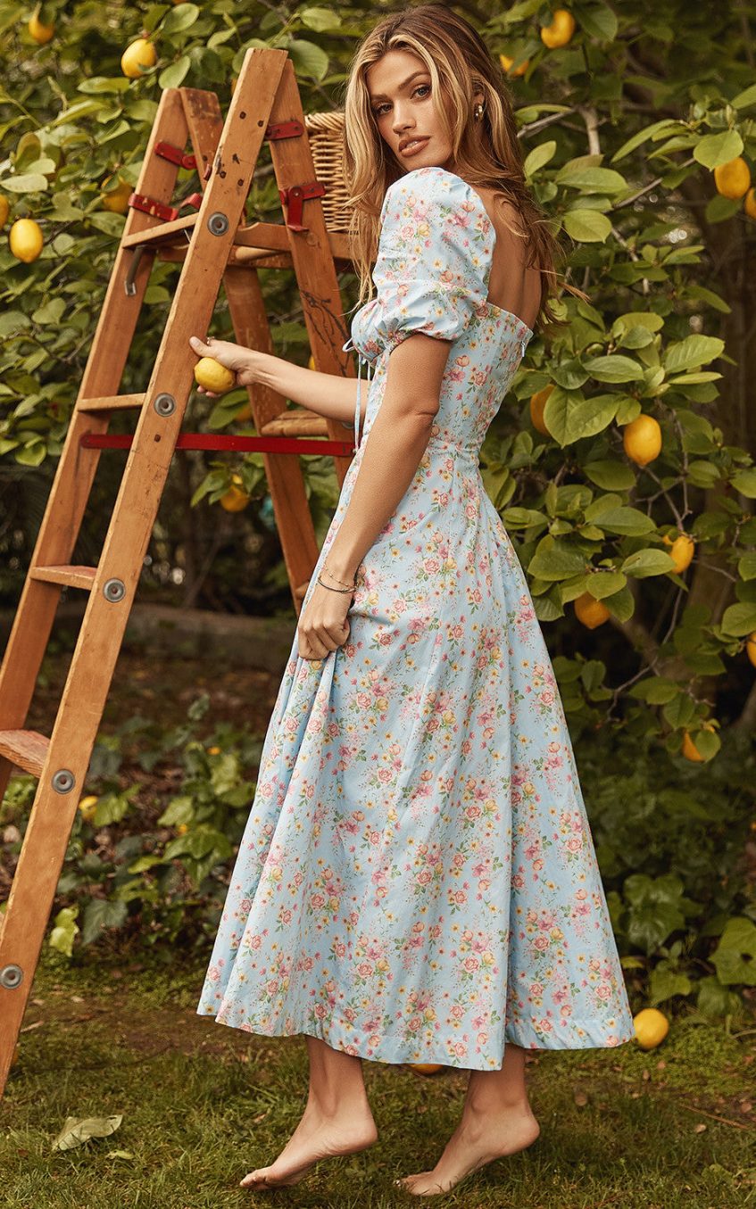 Puff Sleeve Slit Print Midi Dress