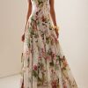 Floral Ruched Sweetheart Neckline Maxi Dress