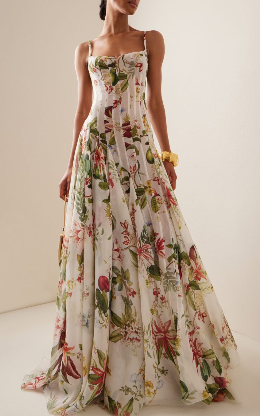 Floral Ruched Sweetheart Neckline Maxi Dress