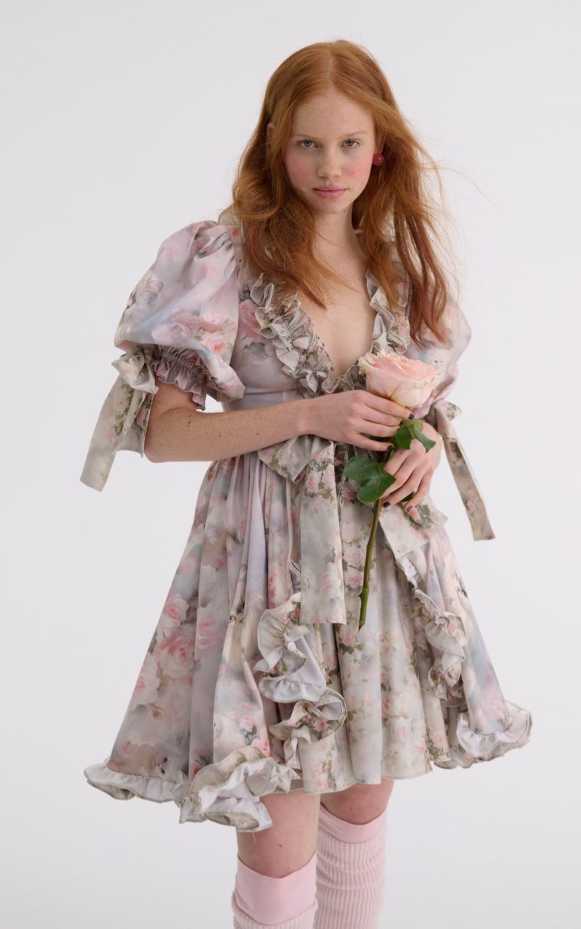 Floral Frill V-Neck Puff-Sleeve Mini Dress