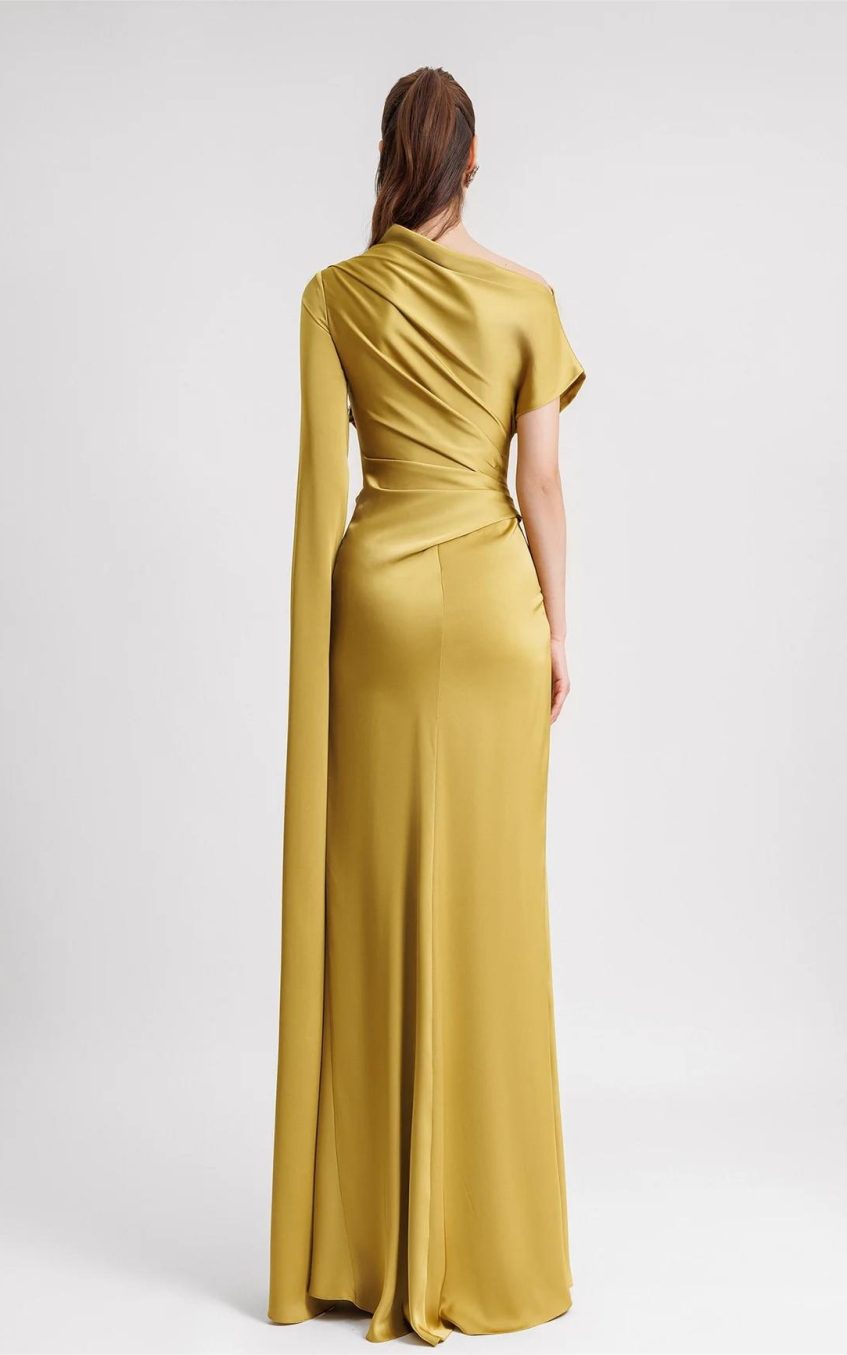 Satin Asymmetrical Neckline Draped Maxi Dress