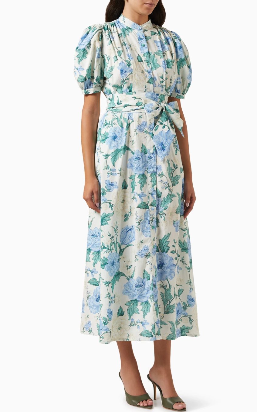 Floral Single Breasted Puff-Sleeve Midi Dress With Belt