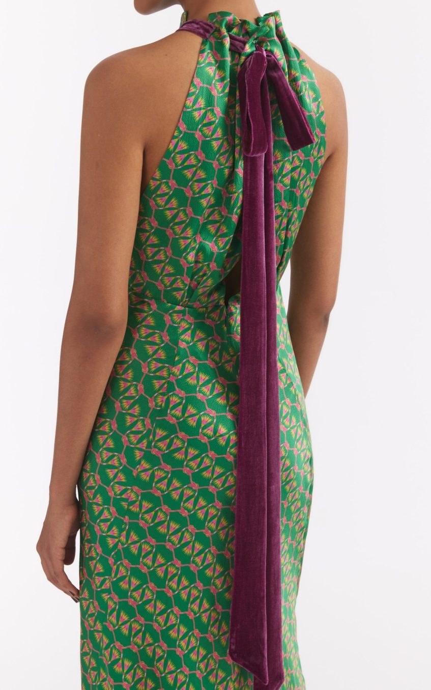 Emerald Reed Print Halter Neck Sleeveless Maxi Dress