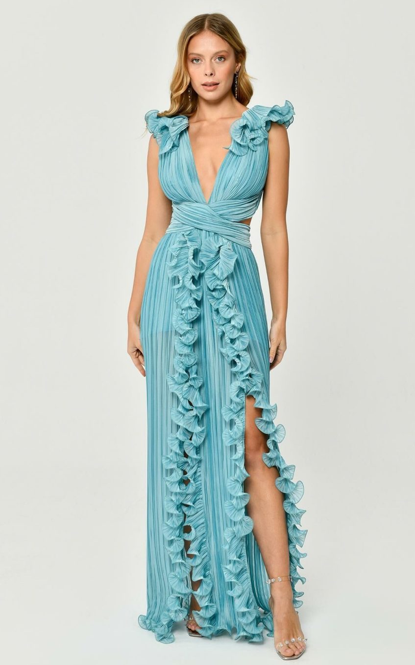 V-Neck Cutout Pleated Split Maxi Dress Green