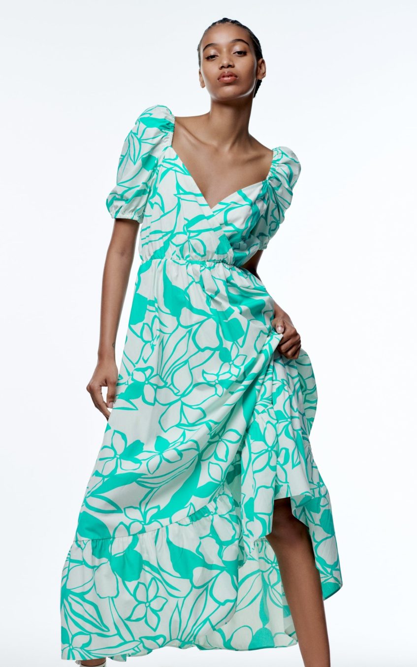 Print Puff Sleeve V-neck Large Hemline Maxi Dress Green