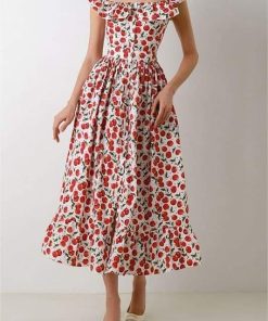 Floral Frill Square Collar Midi Dress