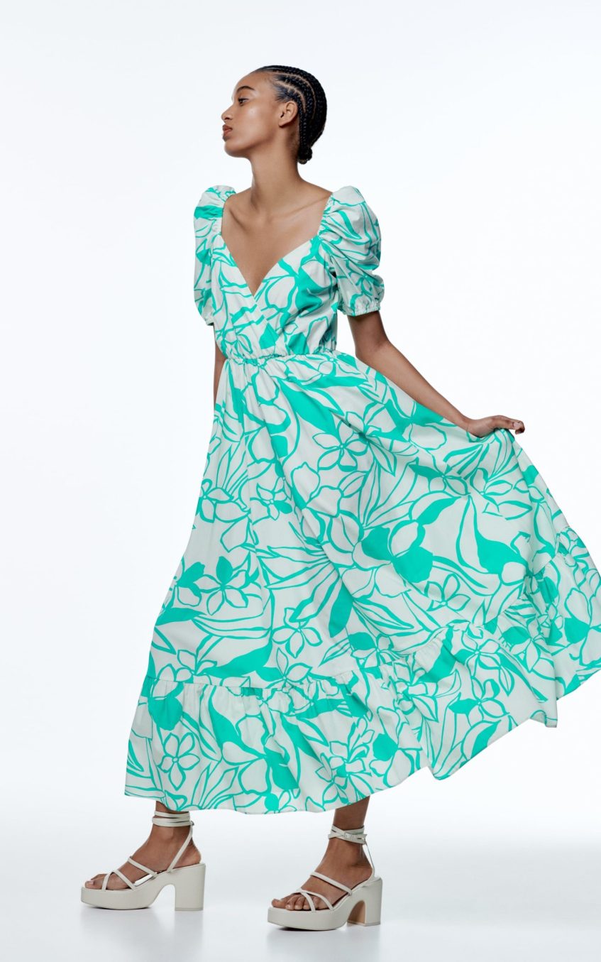 Print Puff Sleeve V-neck Large Hemline Maxi Dress Green