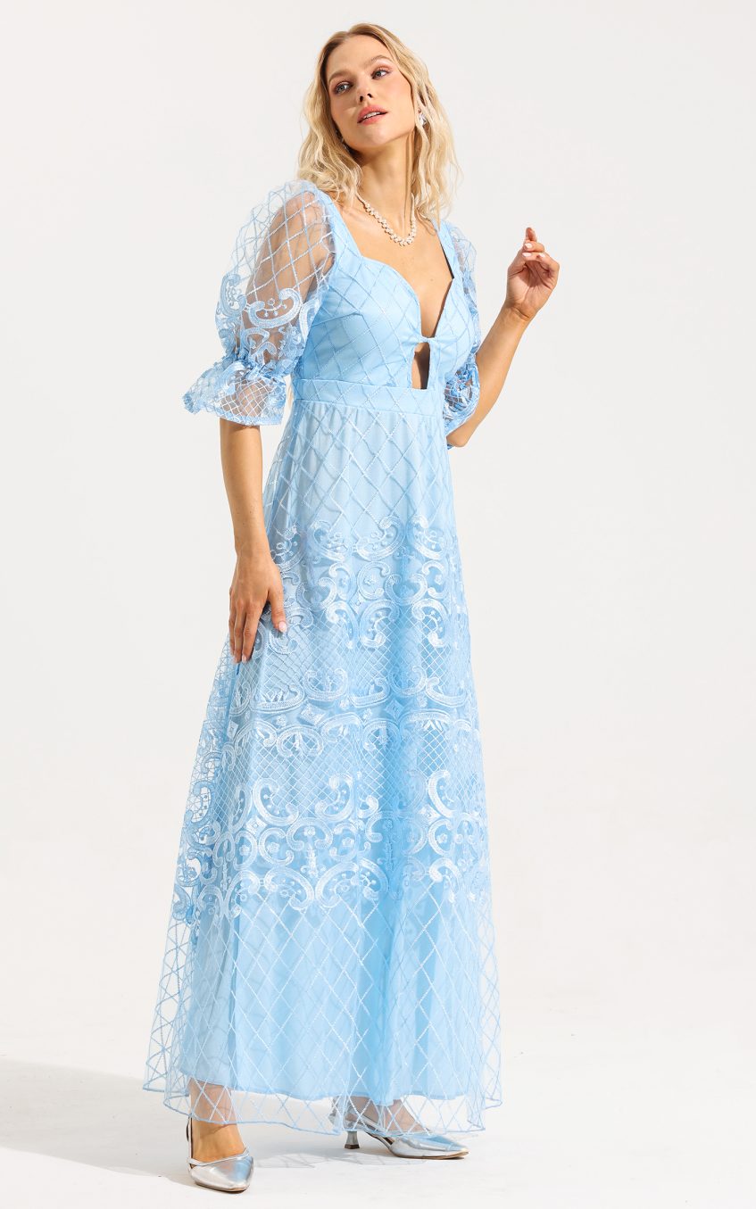 Lace Sweetheart Neck Puff Sleeve Bodycon Maxi Dress