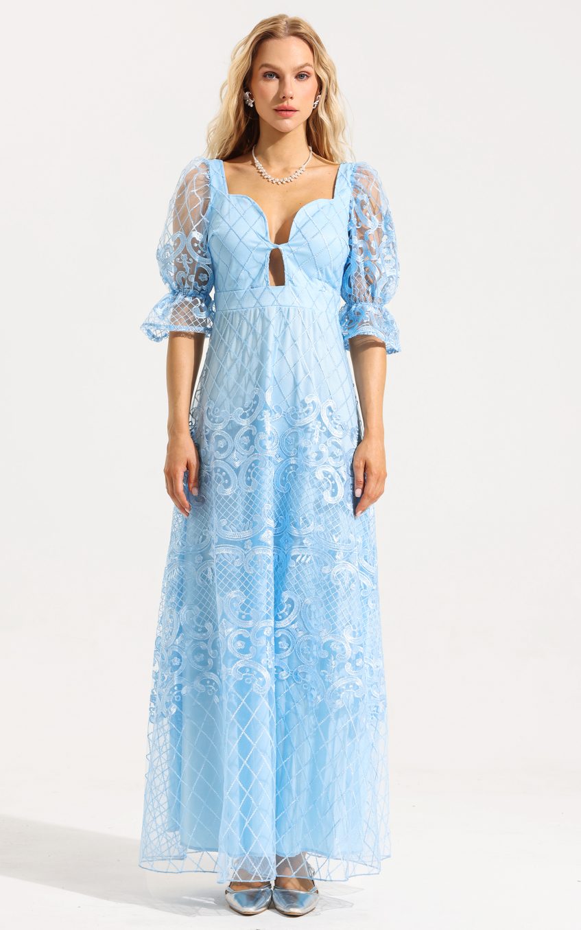 Lace Sweetheart Neck Puff Sleeve Bodycon Maxi Dress