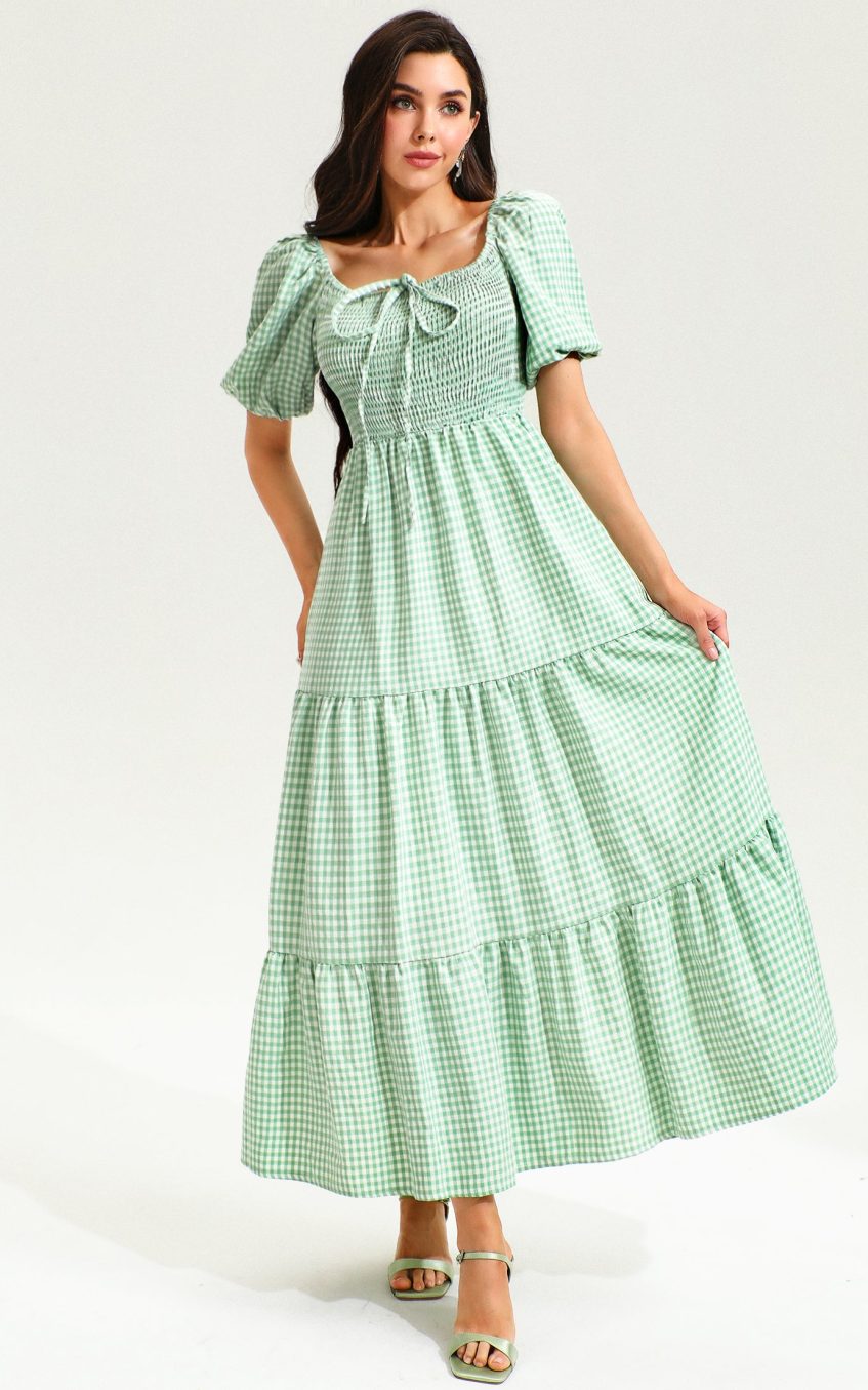 Lattice Short Sleeve Square Collar Smocked Elastic Midi Dress