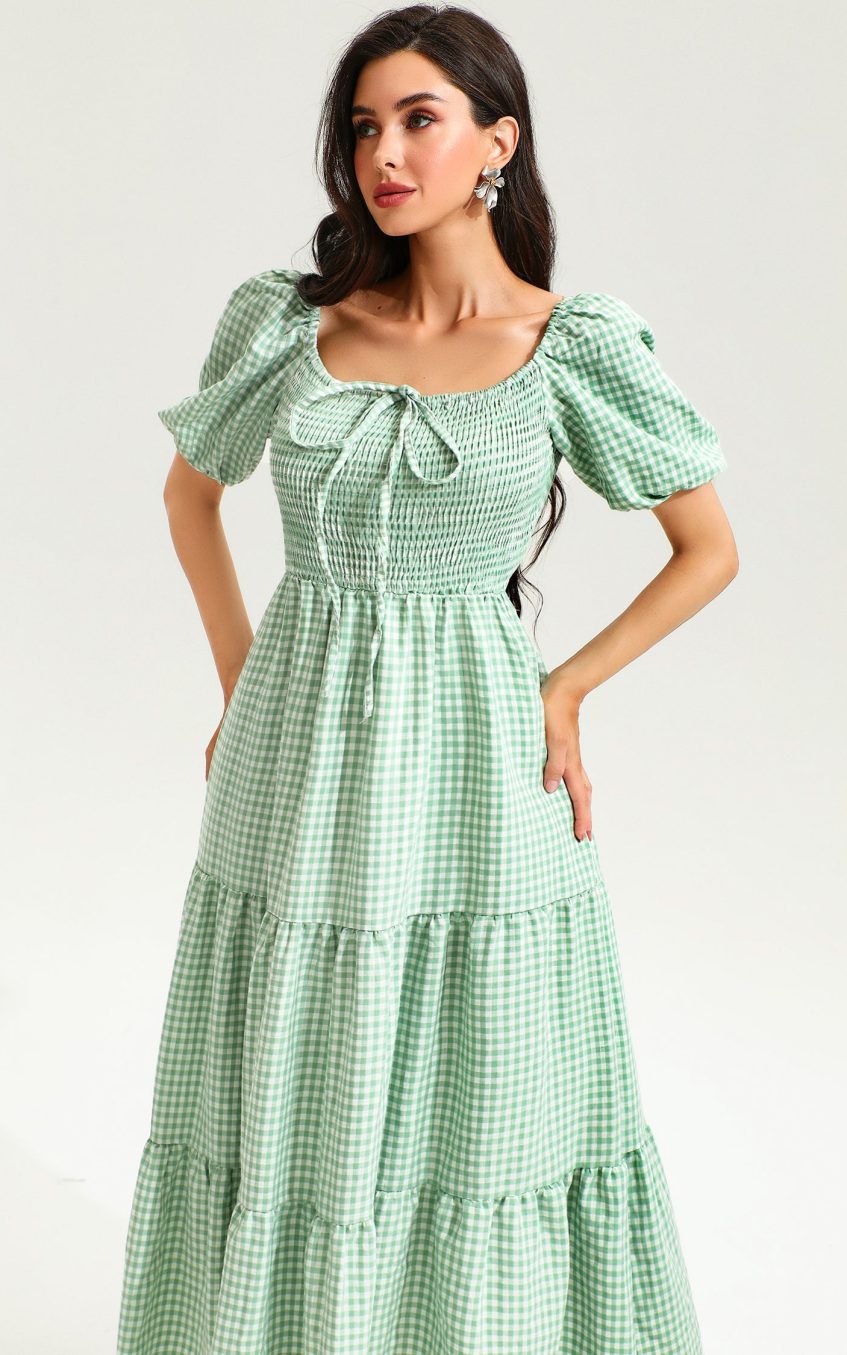 Lattice Short Sleeve Square Collar Smocked Elastic Midi Dress