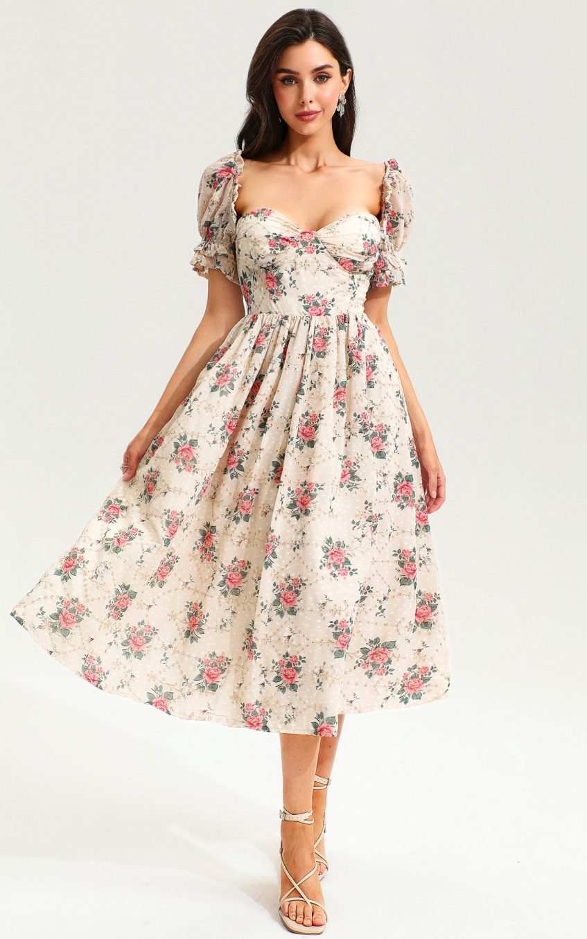 Floral Puff Sleeve Corset Backless Lace Up Slit Midi Dress Pink