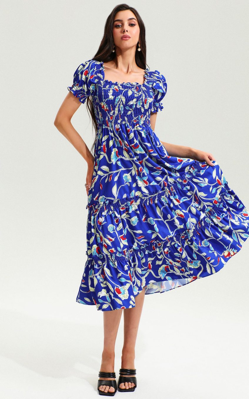 Square Neck Print Short Sleeves Midi Dress