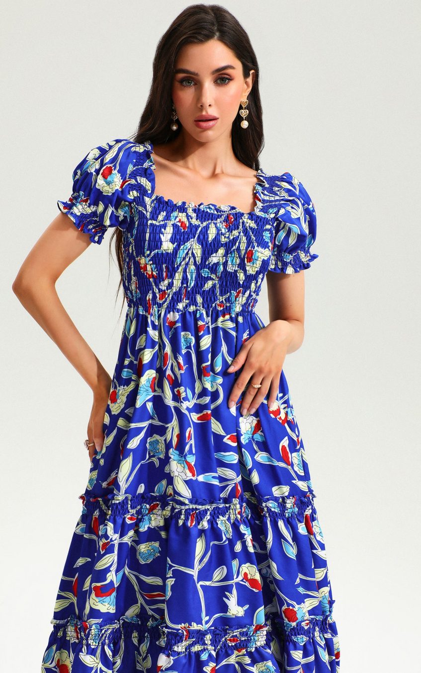 Square Neck Print Short Sleeves Midi Dress
