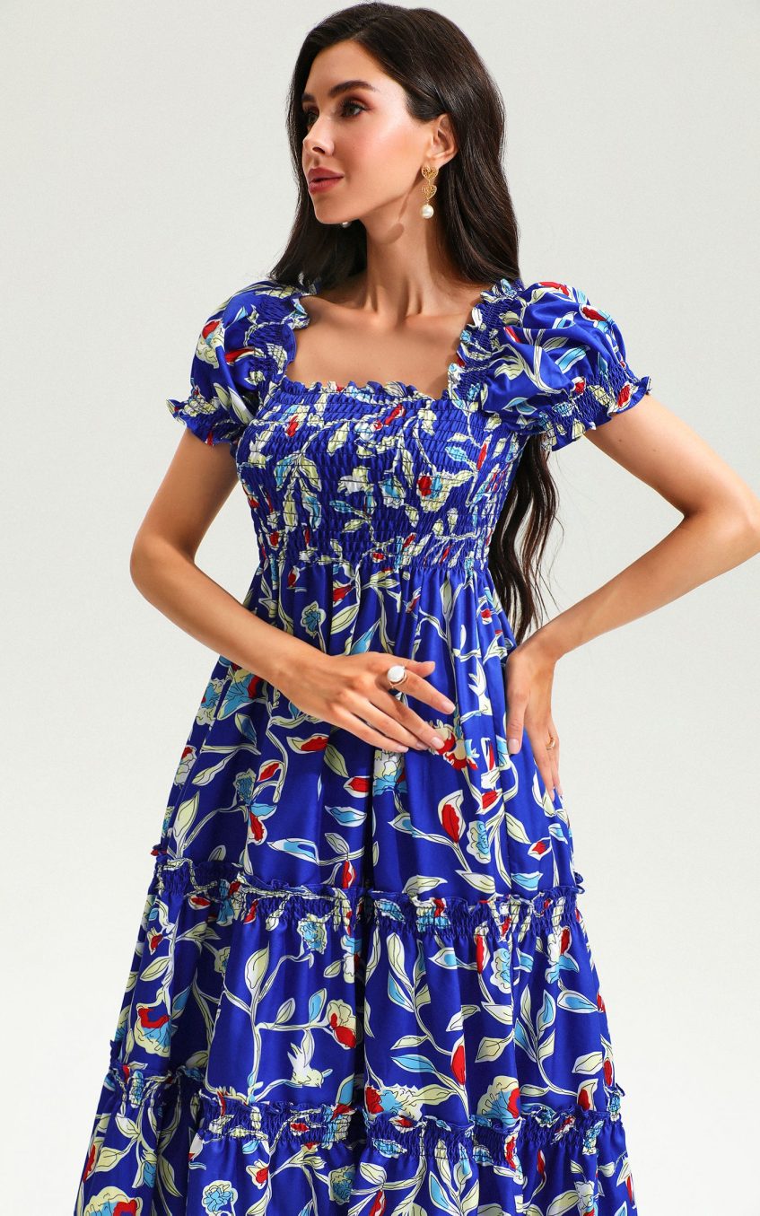 Square Neck Print Short Sleeves Midi Dress