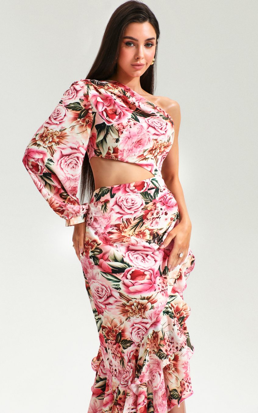 Floral Slanted Shoulder Long Sleeve Ruffle Irregular Maxi Dress