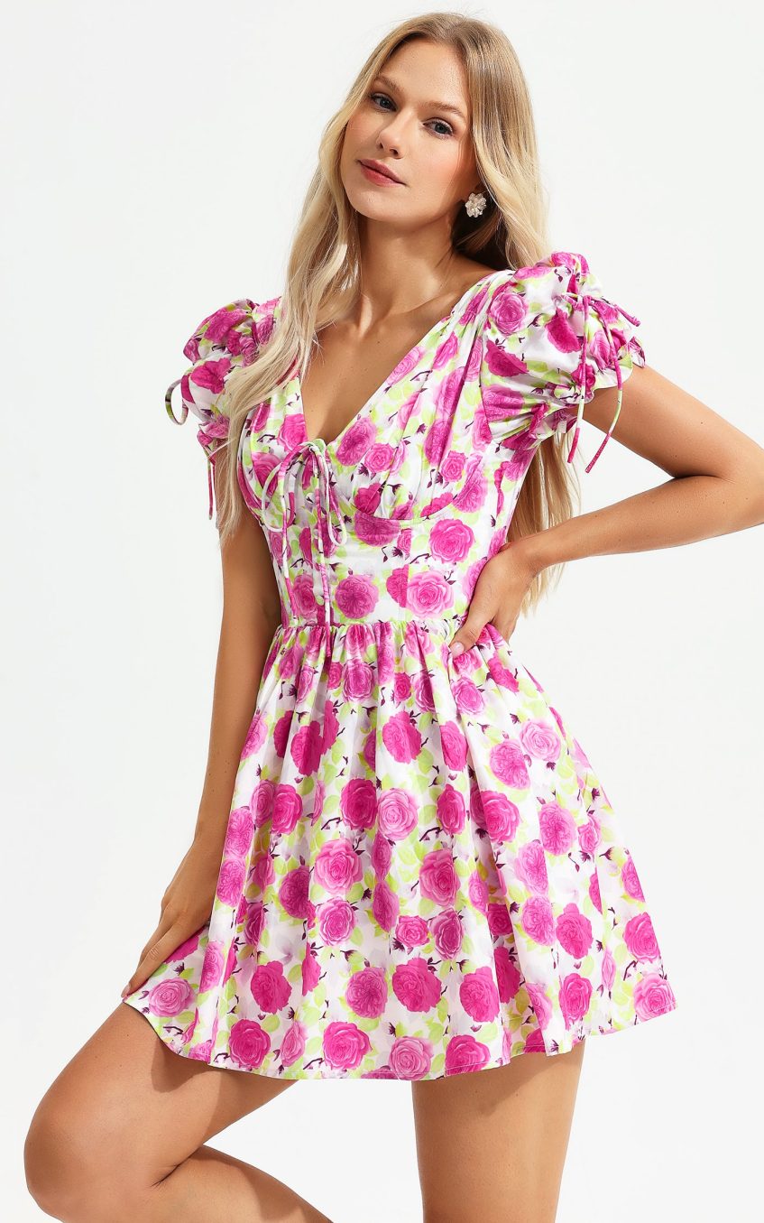 Floral Backless Short Sleeve Dress Pink