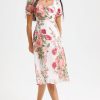 Floral Puff Sleeve Square Collar Slit Midi Dress