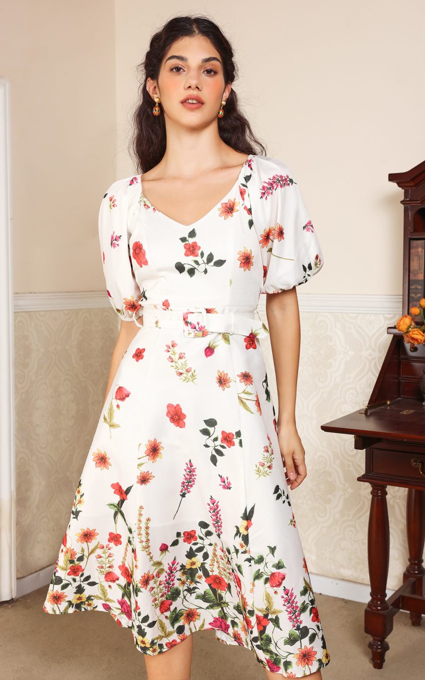 Floral Puff Sleeve V-Neck Belted Midi Dress