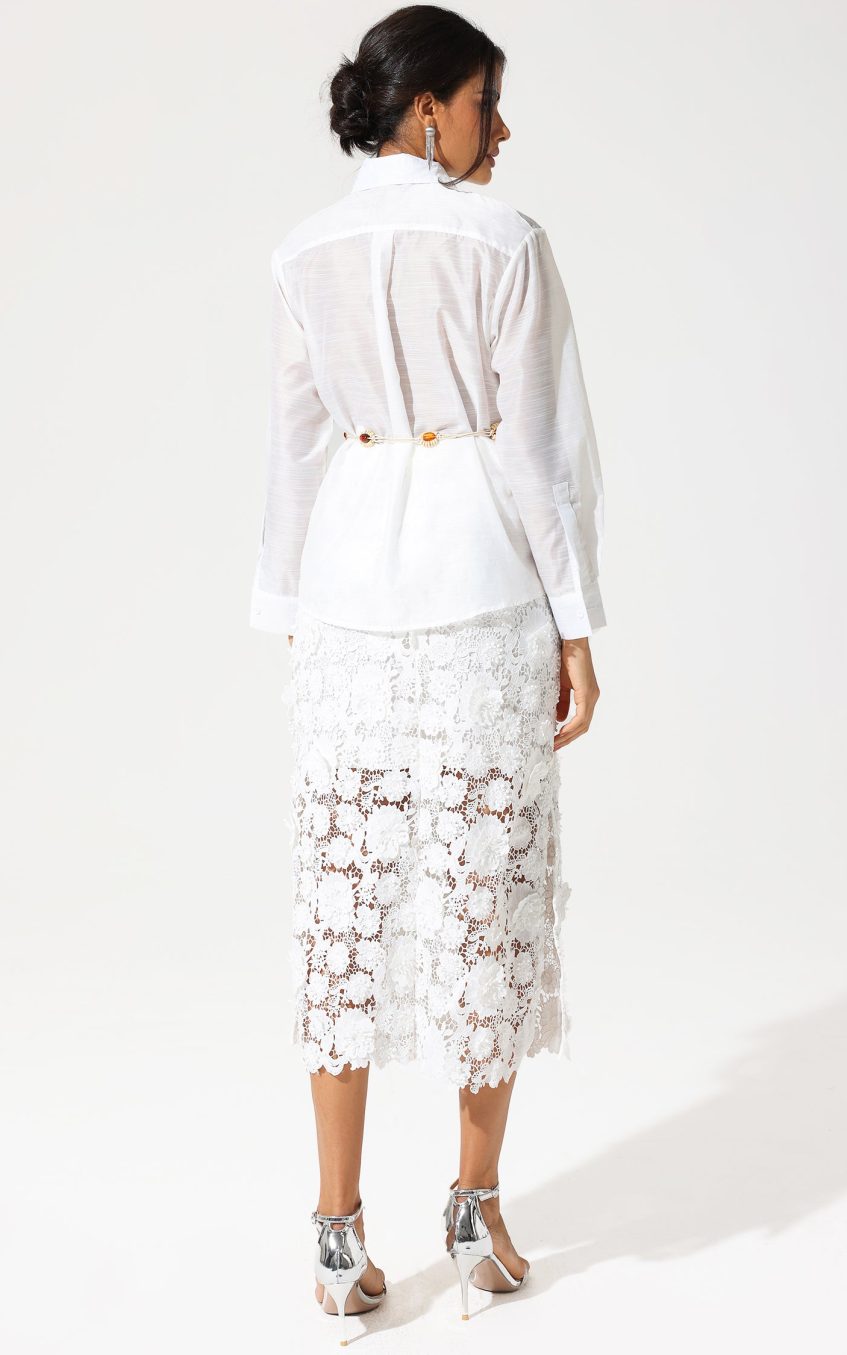 Long Sleeve Lace Cut-Out Slit Dress Suit White