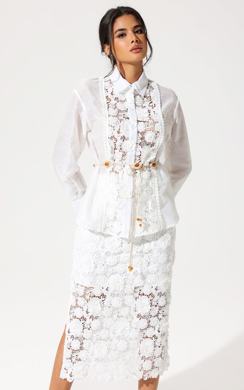 Long Sleeve Lace Cut-Out Slit Dress Suit White