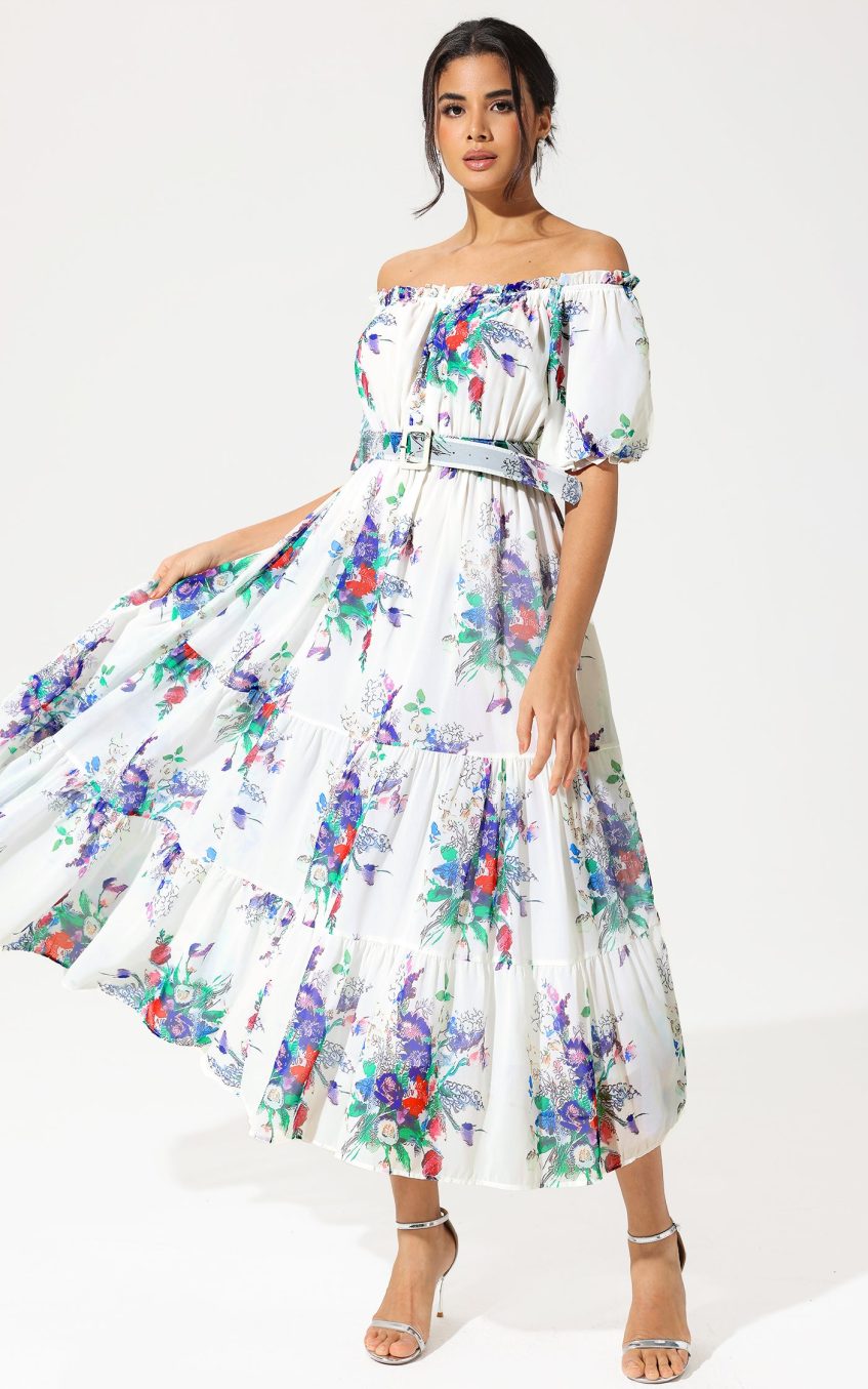 Floral Puff Sleeve Off-Shoulder Ruffle Hem Maxi Dress