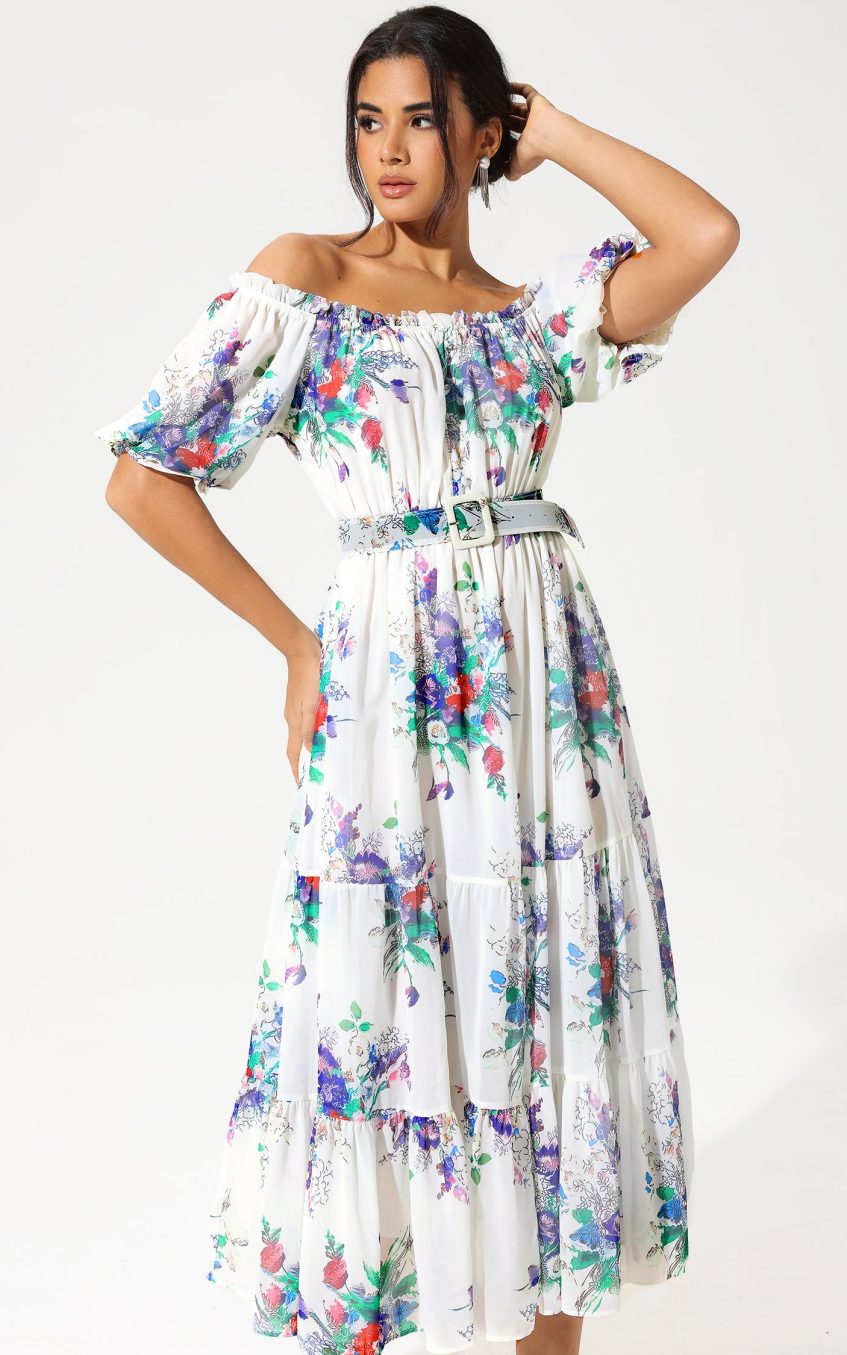 Floral Puff Sleeve Off-Shoulder Ruffle Hem Maxi Dress