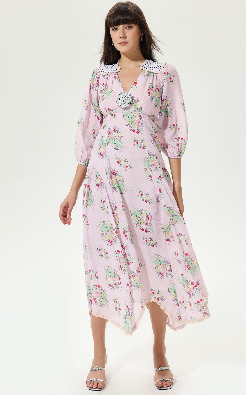 Floral Lantern Sleeve V-Neck Belted  Lattice Flower Midi Dress