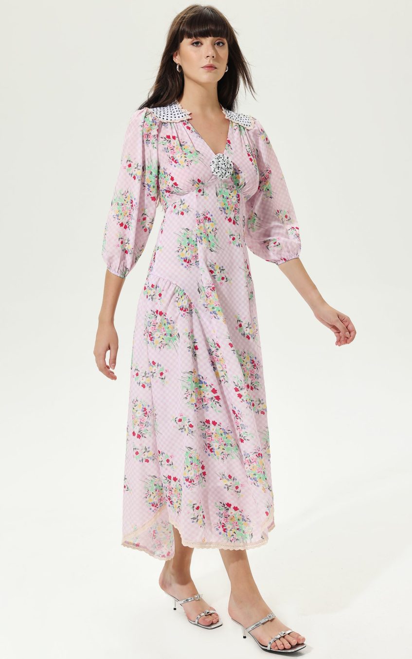 Floral Lantern Sleeve V-Neck Belted  Lattice Flower Midi Dress