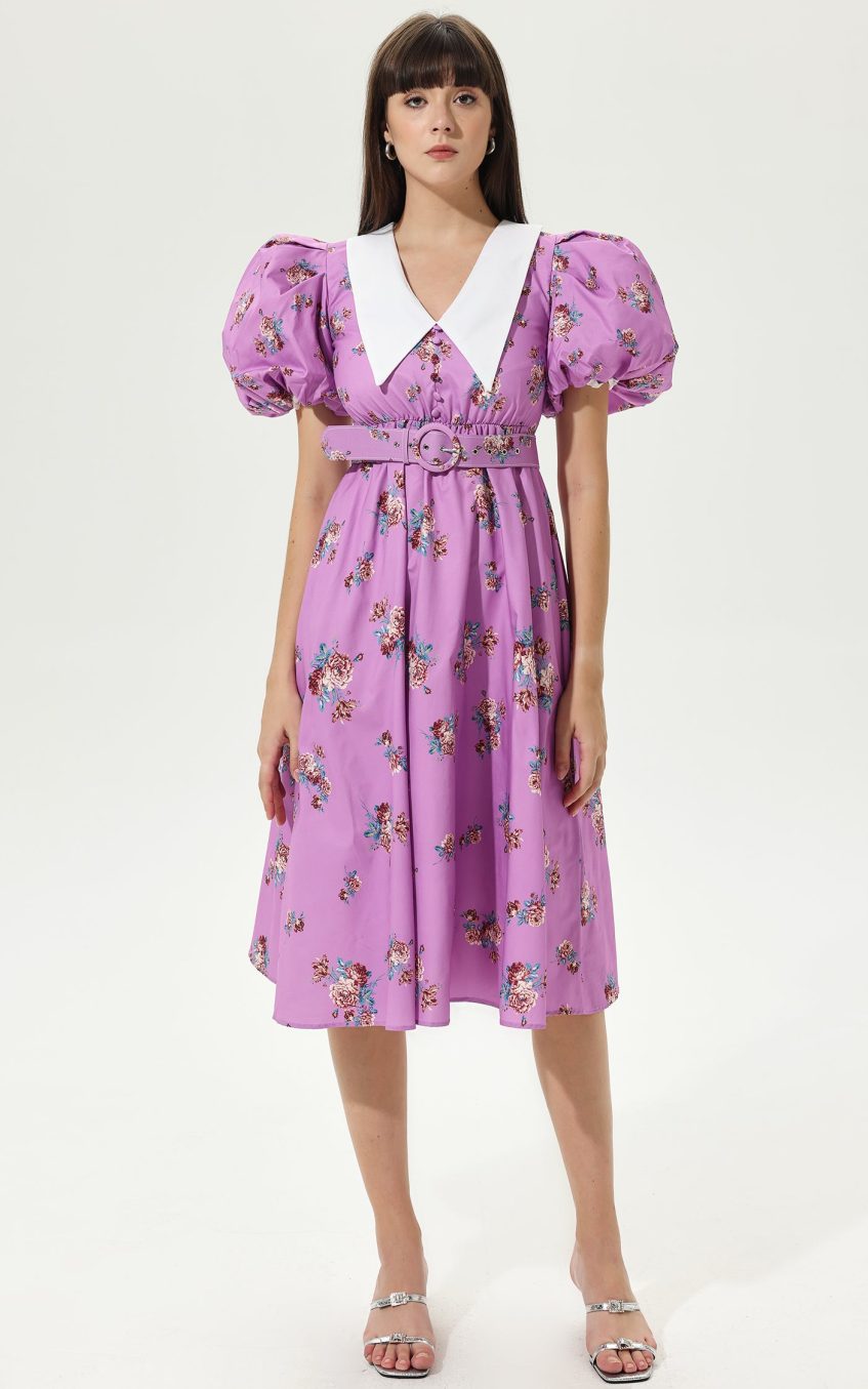Floral Puff Sleeves V-neck Tapered Waist Midi Dress