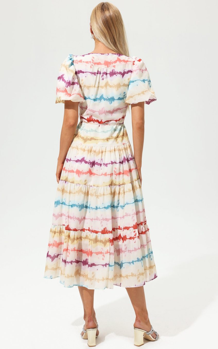 V-Neck Puff Sleeve Tapered Waist Midi Dress