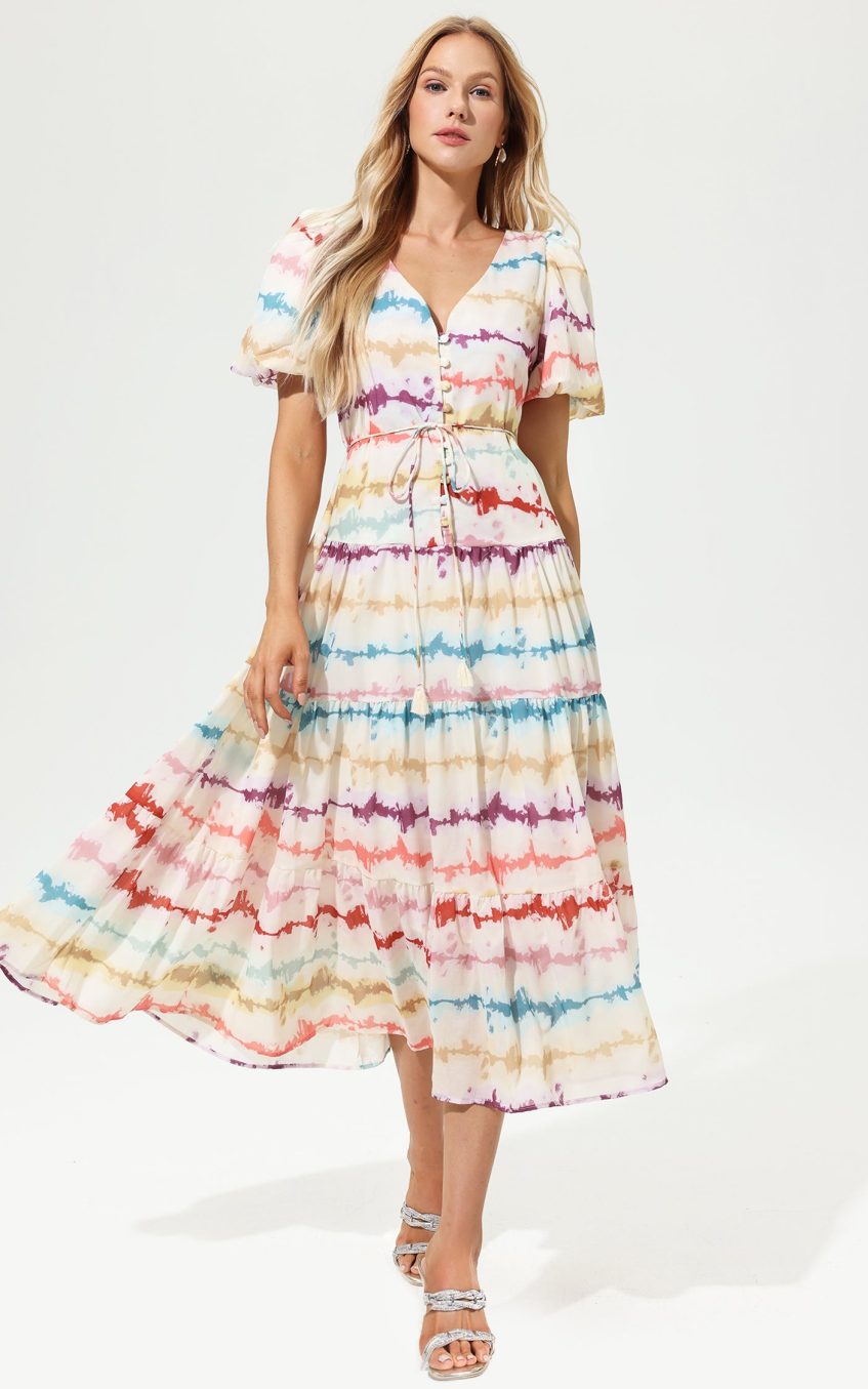 V-Neck Puff Sleeve Tapered Waist Midi Dress