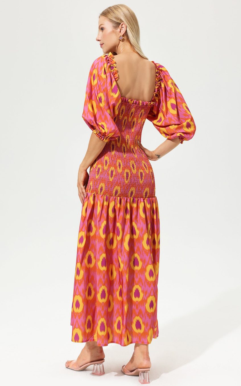 Lantern Sleeve Off-Shoulder Smocked Elastic Midi Dress