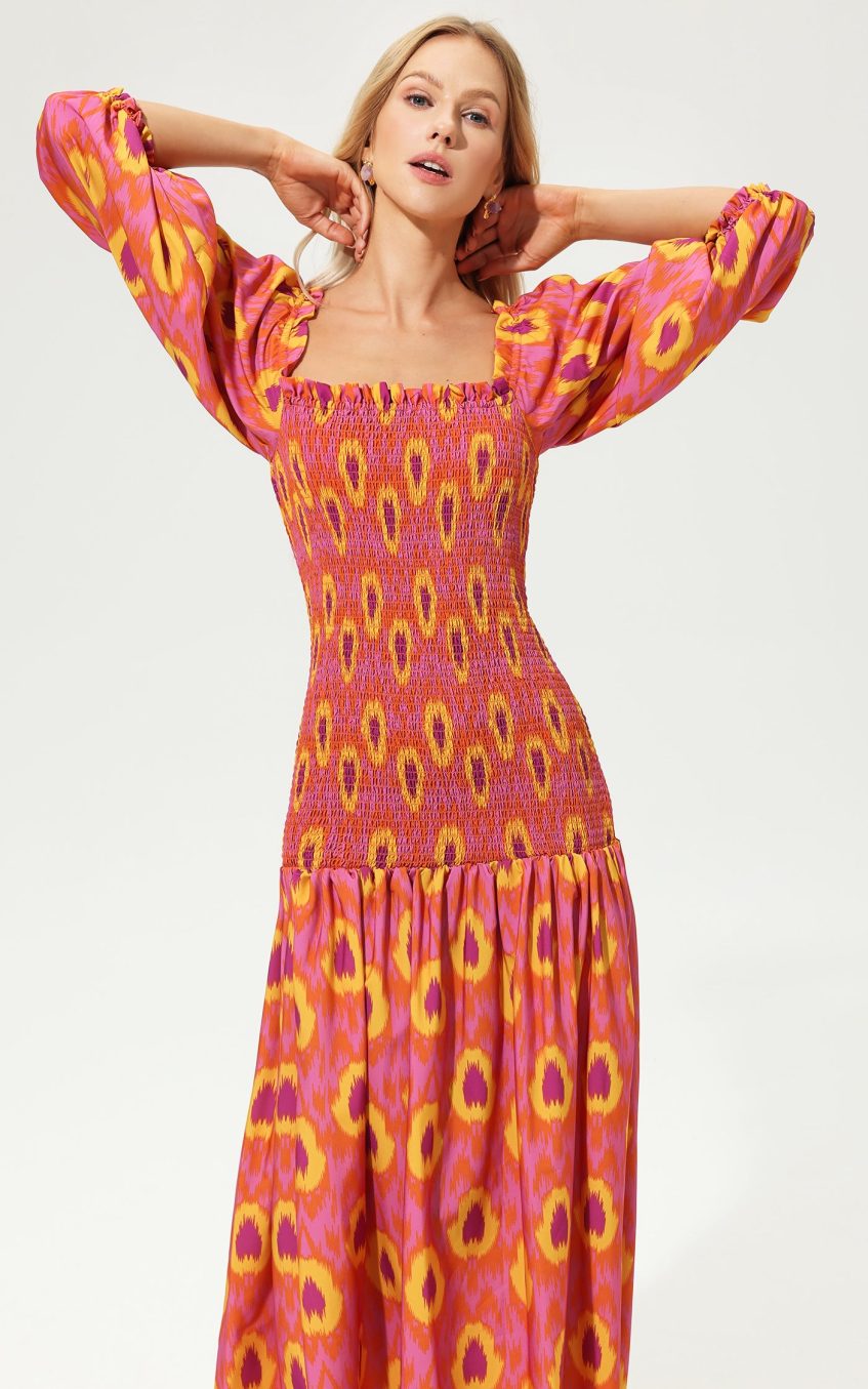 Lantern Sleeve Off-Shoulder Smocked Elastic Midi Dress