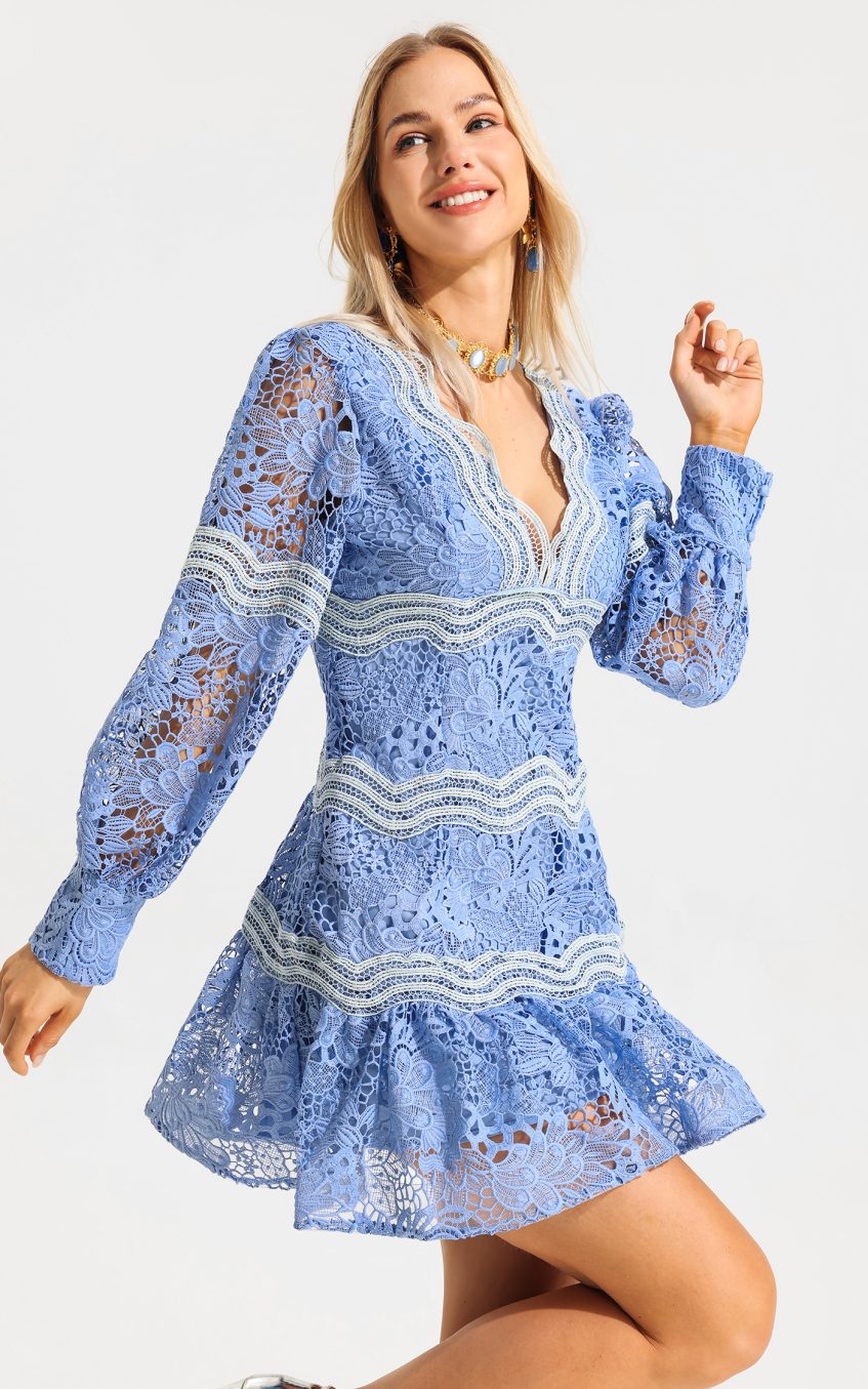 V-Neck Puff Sleeve Lace Mini Dress