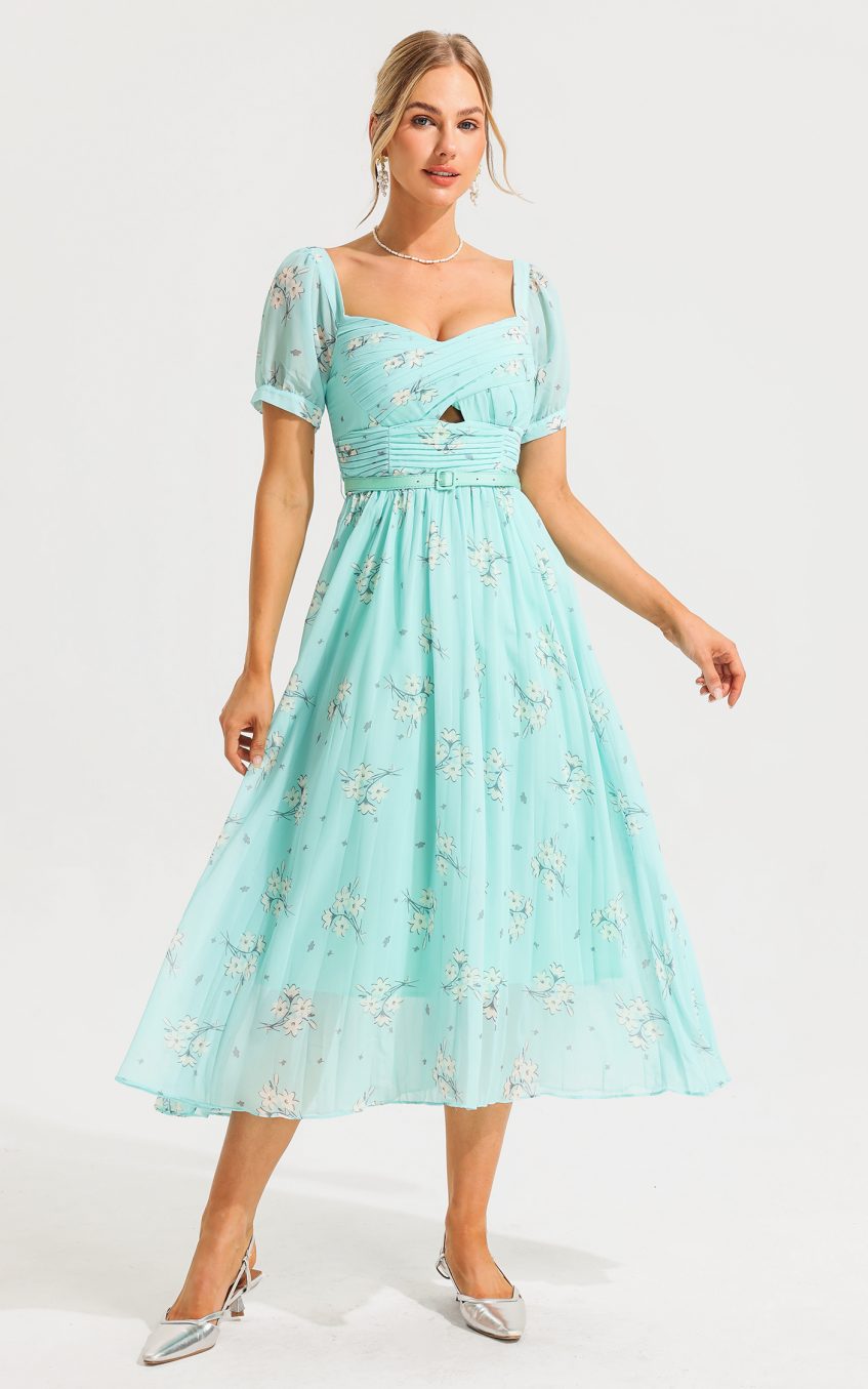 Square Collar Pleated Midi Dress With Belt