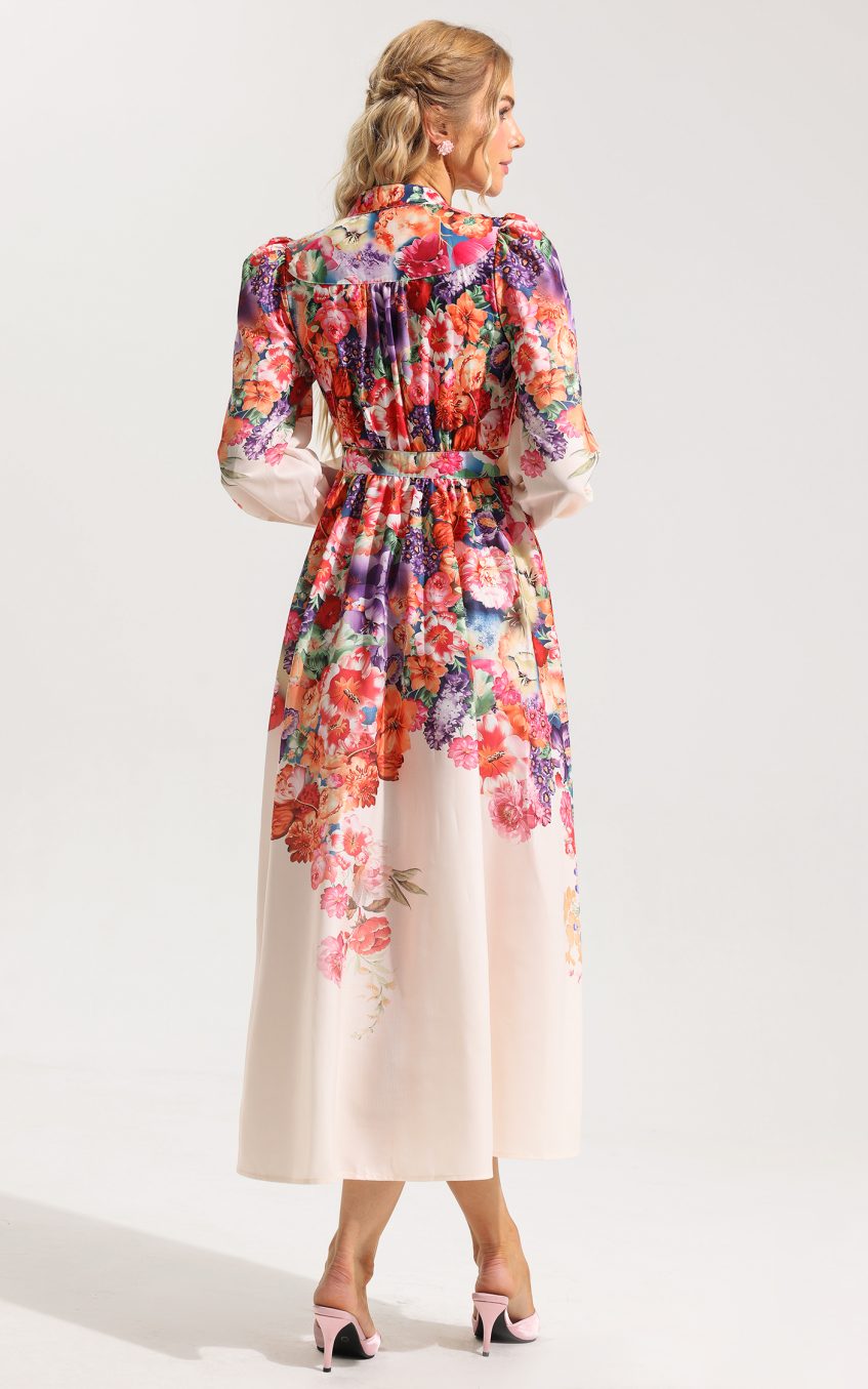 Floral Lantern Sleeve Midi Dress