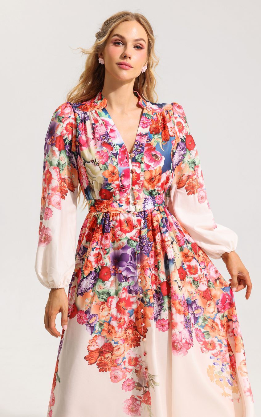 Floral Lantern Sleeve Midi Dress