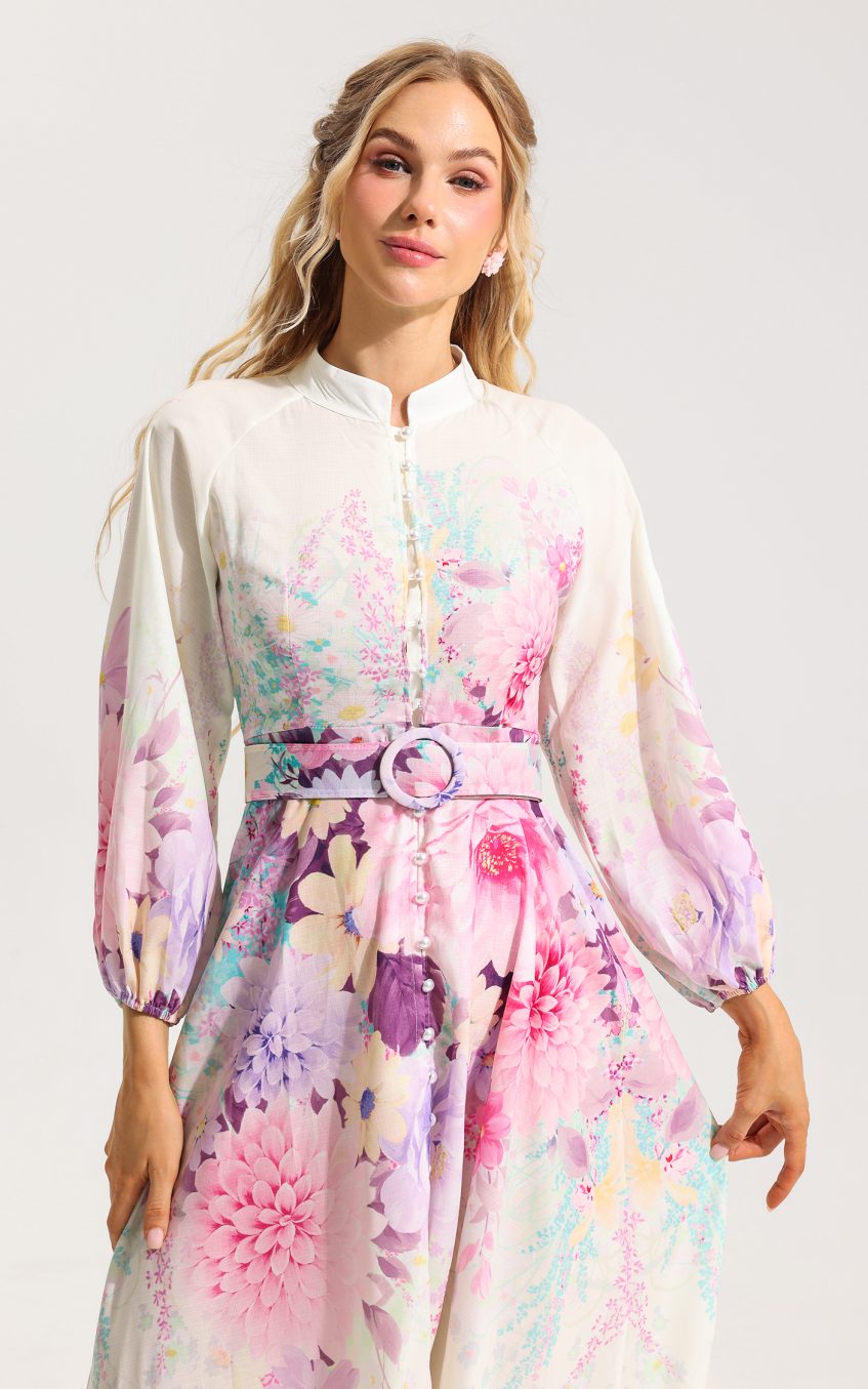 Floral Bottom Lantern Sleeve Midi Dress With Belt