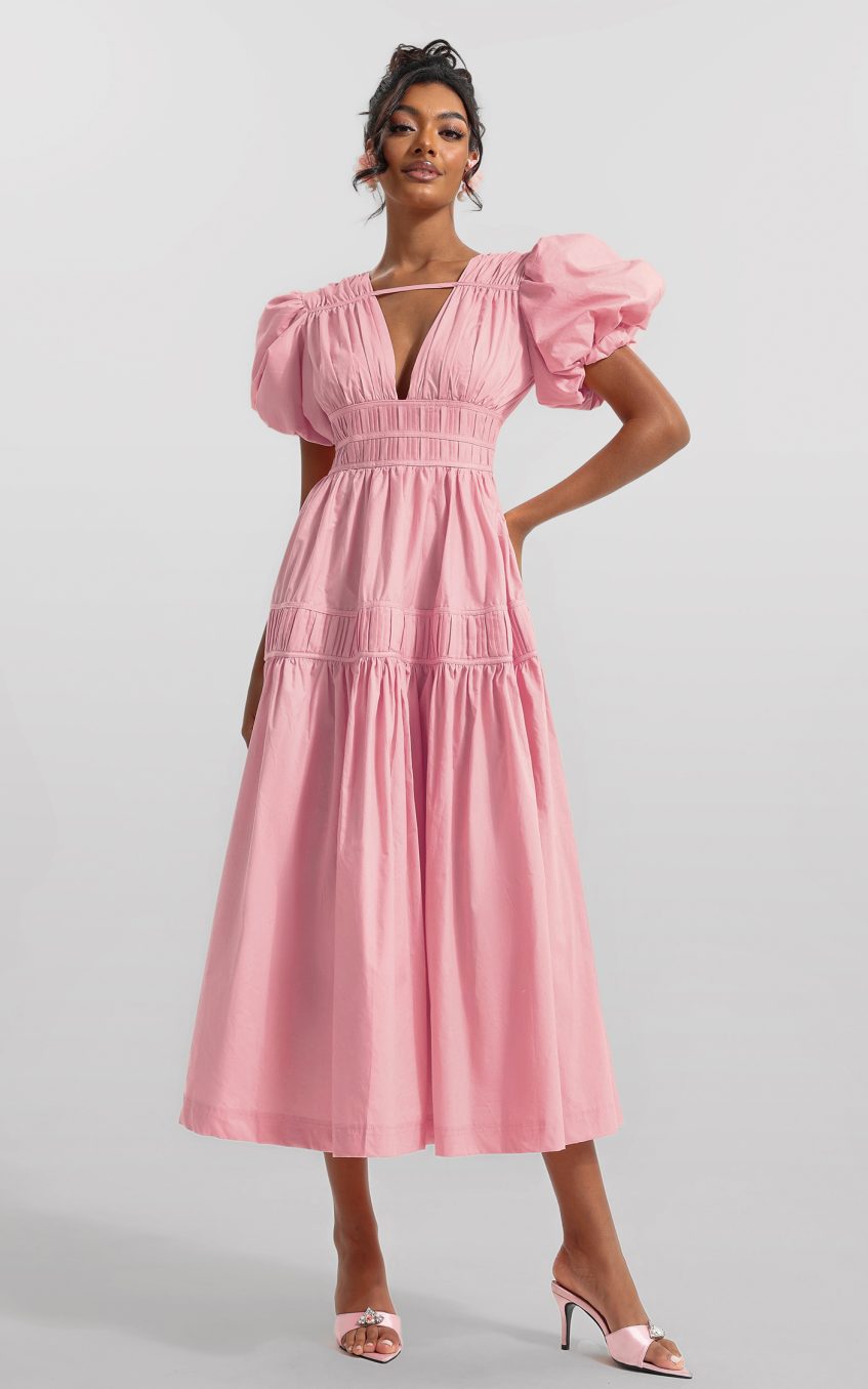 Solid V-Neck Puff Sleeve Midi Dress